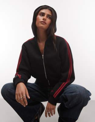 Collusion Cropped Hoodie Stripe Zip Through In Black