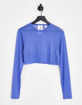COLLUSION cropped mesh long sleeve t-shirt in blue - view 1
