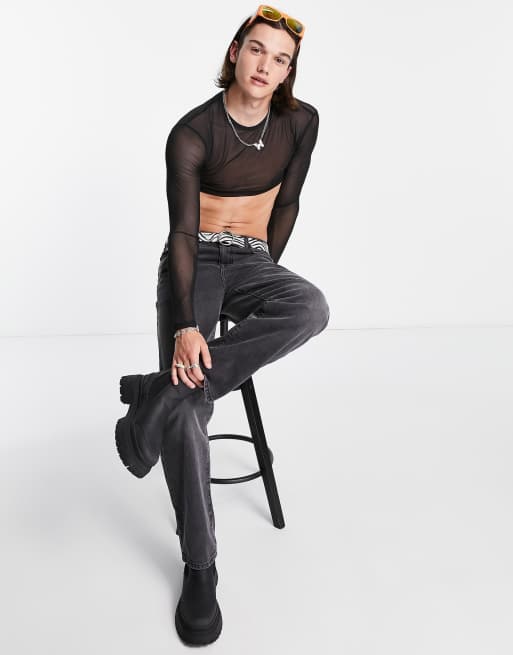 COLLUSION - Cropped mesh T-shirt met lange mouwen in zwart