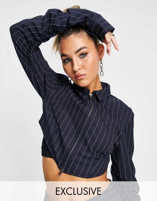  COLLUSION cropped shirt co-ord in navy pinstripe
