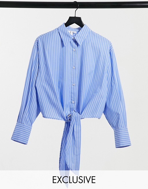 COLLUSION cropped tie detail stripe shirt in blue