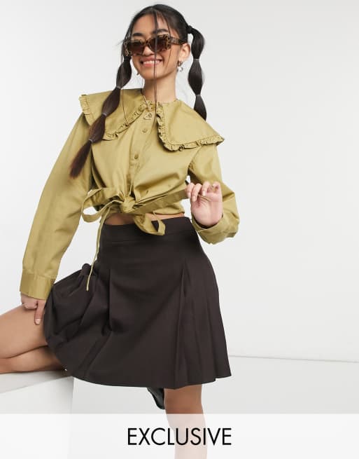 COLLUSION cropped shirt with oversized collar in stone
