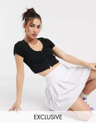 COLLUSION cropped short sleeve ribbed cardigan in black