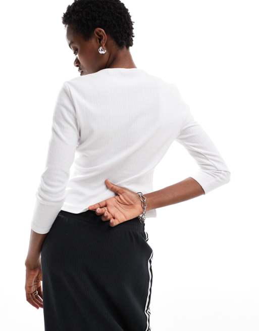 COLLUSION cropped sleeve pointelle cardigan in white