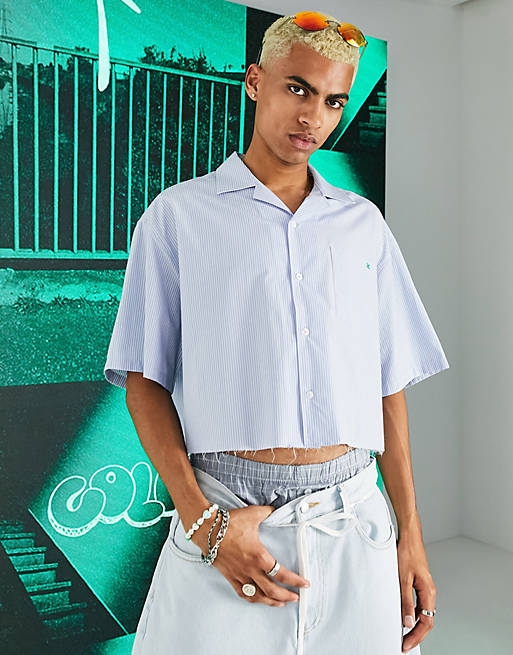 COLLUSION cropped striped revere shirt with raw hem