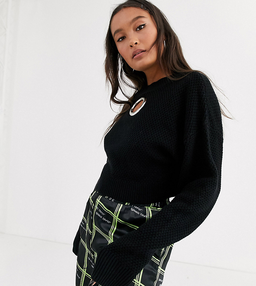 COLLUSION cropped sweater in waffle knit with cut out detail in black