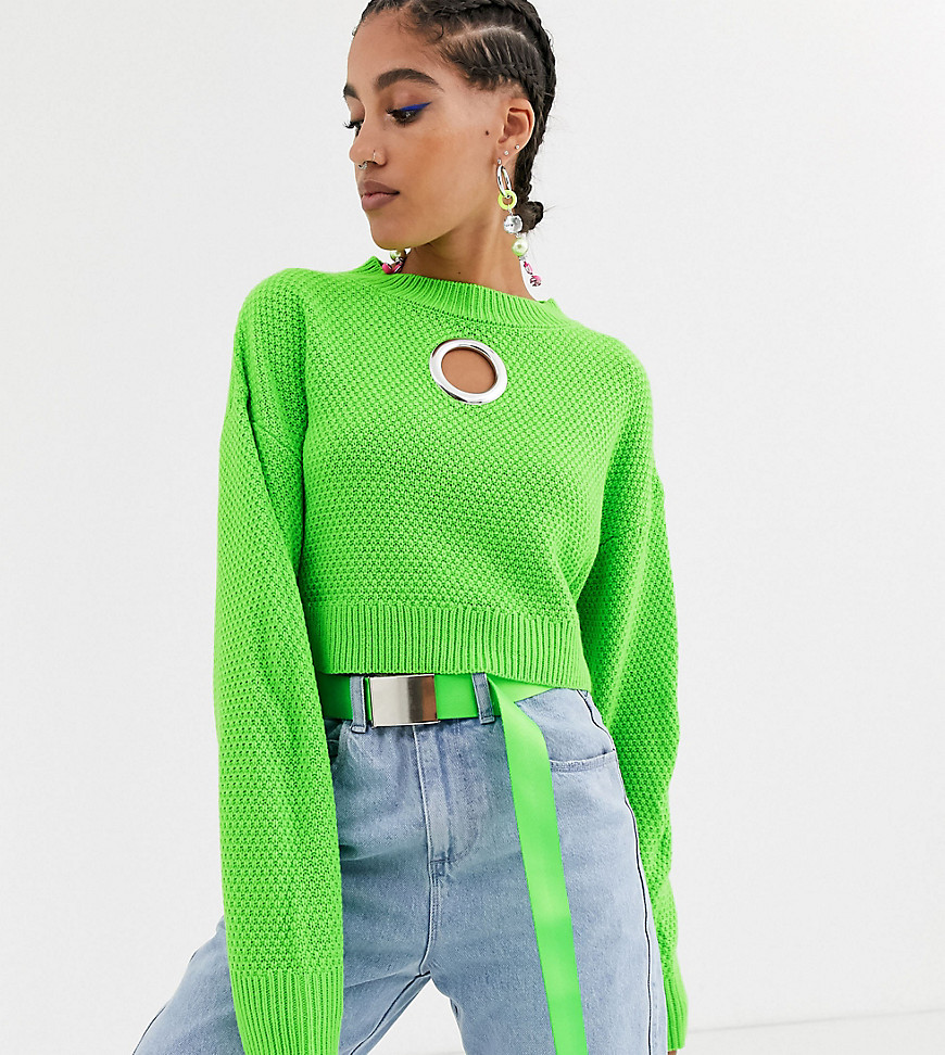 COLLUSION cropped sweater in waffle knit with cut out detail in green-Yellow