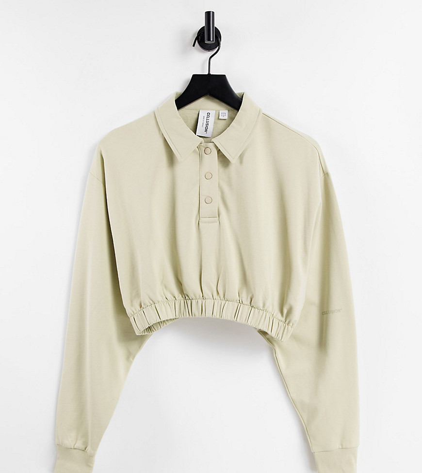 COLLUSION - Cropped sweater met polokraag en drukknopen in kiezelkleur met wassing, deel van combi-set-Neutraal
