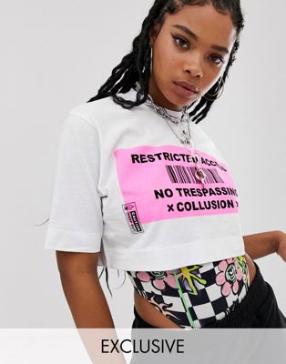 COLLUSION - Cropped T-shirt met neon print-Wit