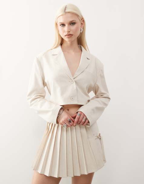 COLLUSION cropped tie back woven blazer in stone - STONE - view 1