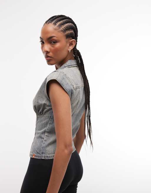 COLLUSION - Cropped top med vingeærmer og knapper i denim i lyseblå vask, 4 af 4