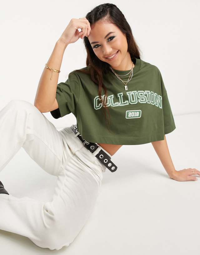 Collusion - cropped varsity boxy t-shirt in khaki