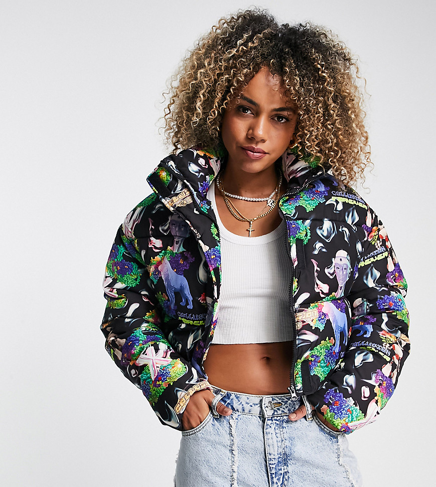 COLLUSION cropped wadded puffer coat in multi print
