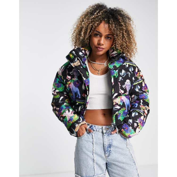 COLLUSION cropped wadded puffer coat in multi print