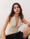 [Collusion] COLLUSION cupro longline slinky halter top in cream-White XS CREAM