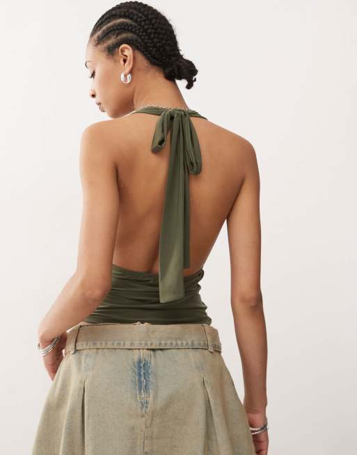 COLLUSION cupro longline slinky halter top in khaki