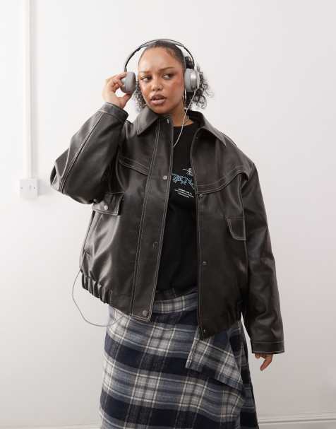 COLLUSION curve leather look bomber in brown - view 1