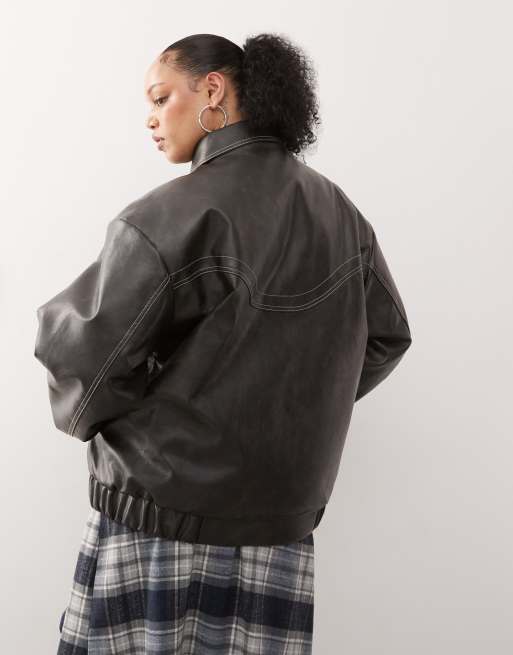 COLLUSION Curve leather look bomber in brown