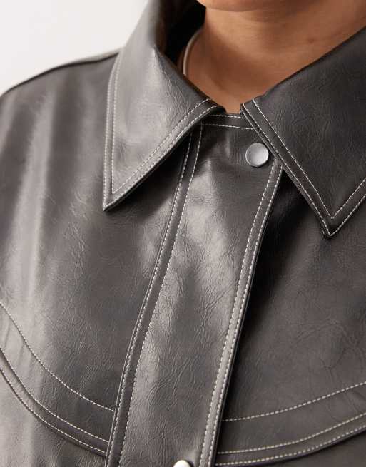 COLLUSION Curve leather look bomber in brown