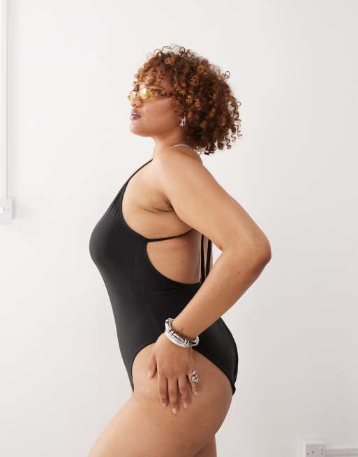 COLLUSION Curve scoop back swimsuit in black