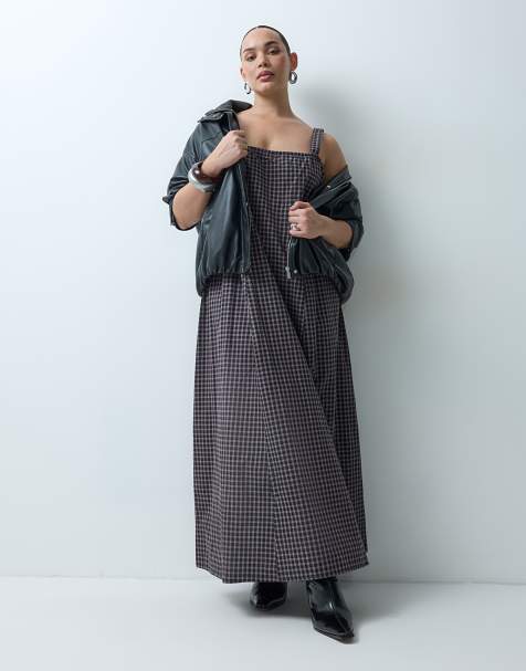 COLLUSION Curve smock channel detail maxi dress in brown check - view 1