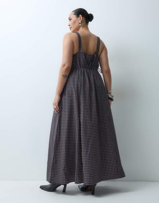 COLLUSION Curve smock channel detail maxi dress in brown check, 3 of 5