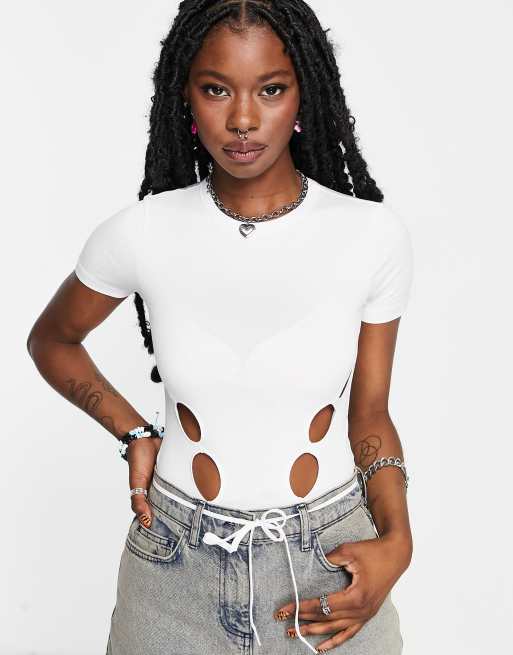 COLLUSION cut-out bodysuit in white 