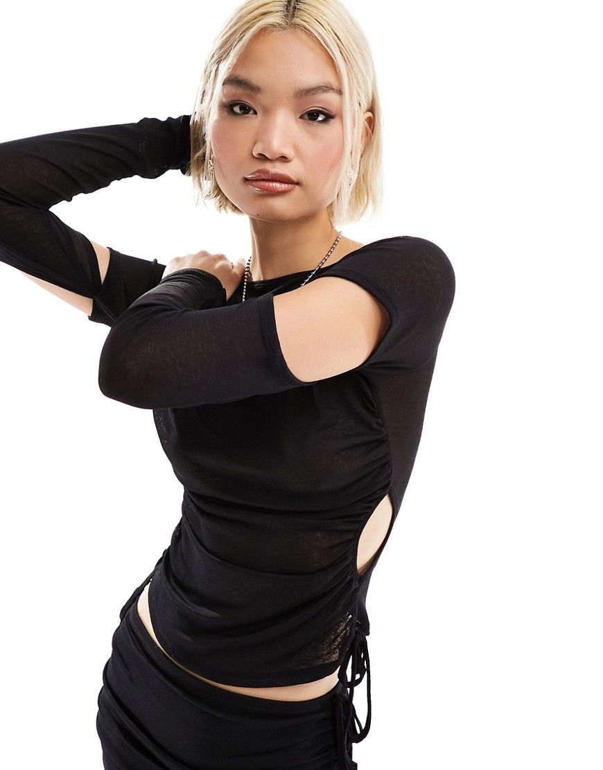 COLLUSION cut out long sleeve slash neck top co-ord in black