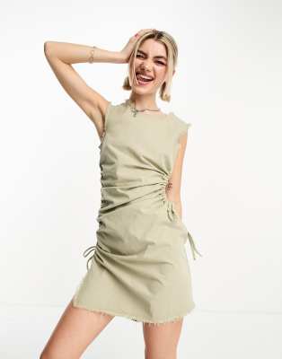 Collusion Cut Out Ruched Shift Dress In Washed Green