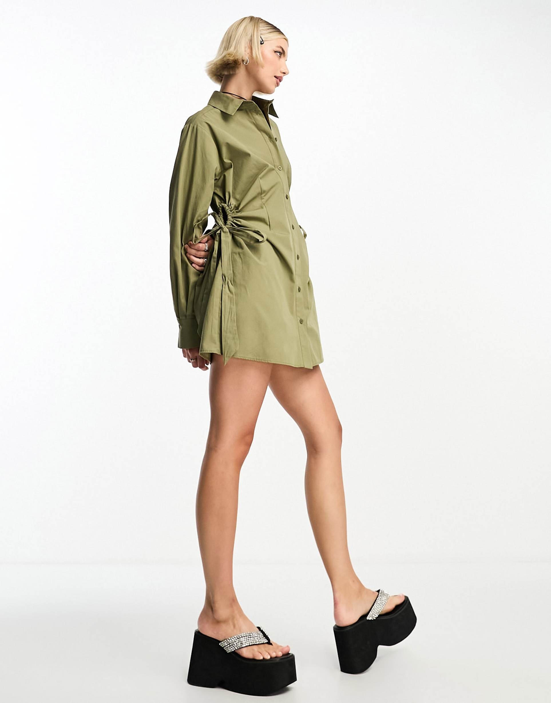 collusion cut out shirt dress in khaki