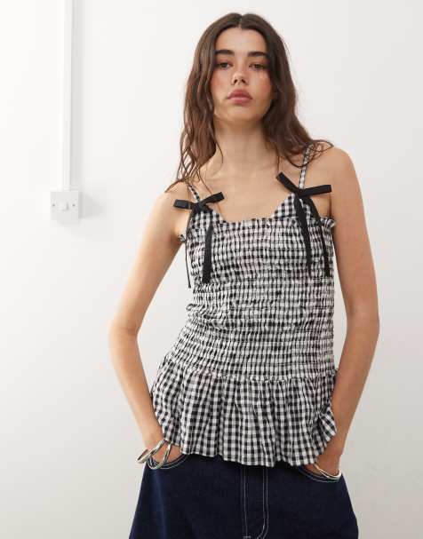 COLLUSION shirred cami top with bow details in black and white gingham