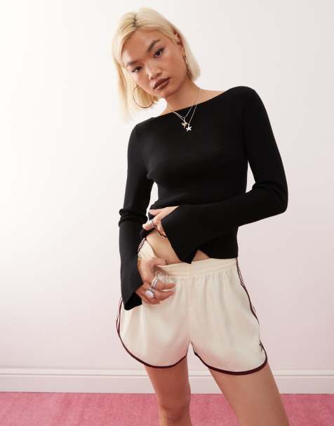 COLLUSION knitted slash neck long sleeve top in black