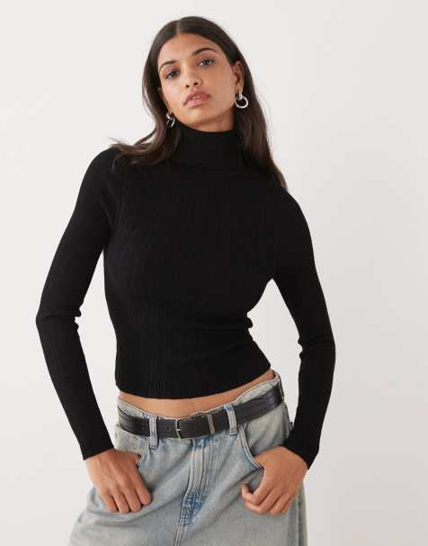 COLLUSION soft knitted ribbed roll neck in black