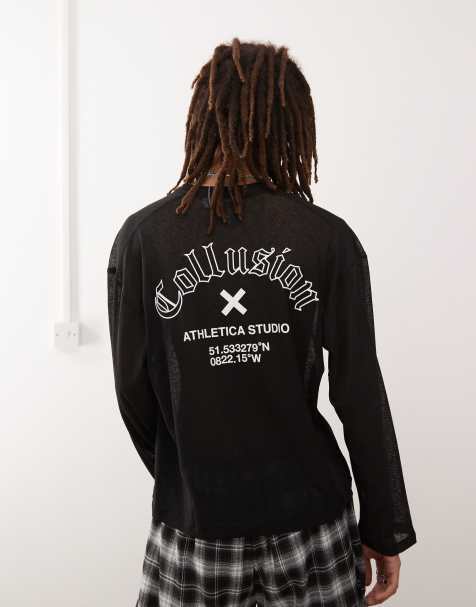 COLLUSION sheer textured boxy skater fit long sleeve printed t-shirt with print in black