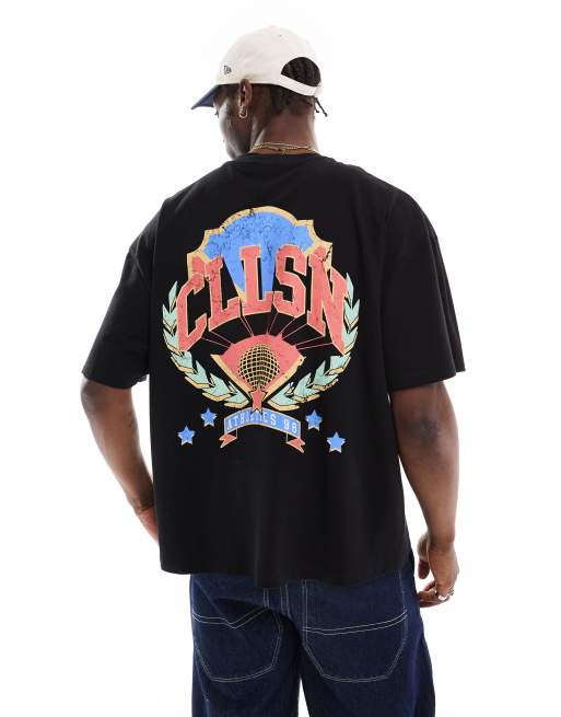 COLLUSION – Czarny T-shirt oversize z grafiką z logo