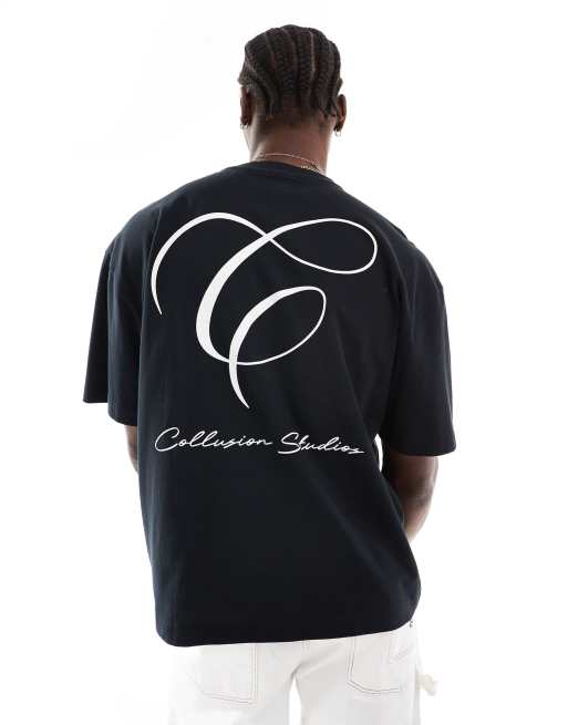 COLLUSION – Czarny T-shirt z nadrukiem z logo