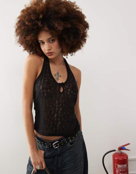 COLLUSION delicate lace halter top in black