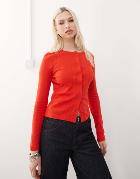 COLLUSION pointelle fitted cardigan in red