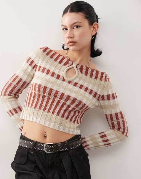 COLLUSION plated key hole striped knitted top in red