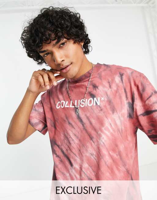 COLLUSION – Czerwony T-shirt z logo i efektem tie-dye