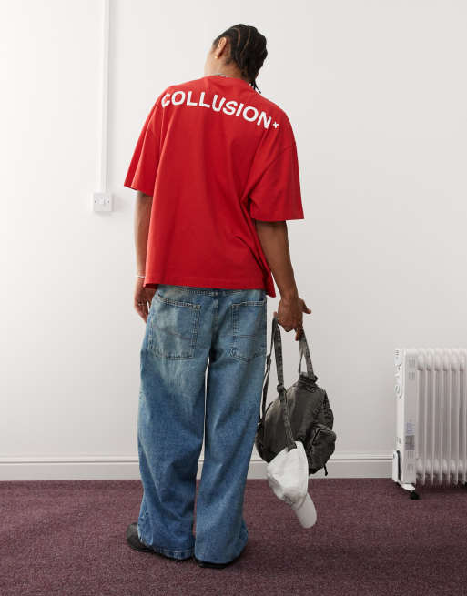 COLLUSION – Czerwony T-shirt z piki z nadrukowanym logo