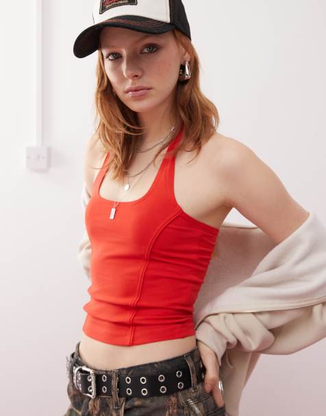 COLLUSION halter top with piping detail in red