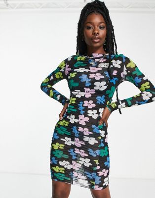 Collusion Daisy Print Ruched Long Sleeve Mesh Dress In Multi