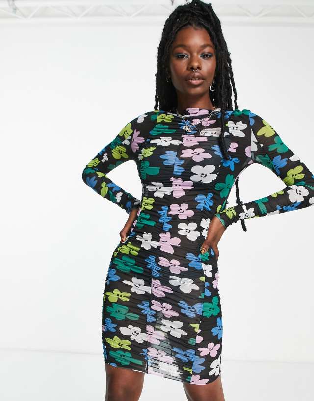 COLLUSION daisy print ruched long sleeve mesh dress in multi