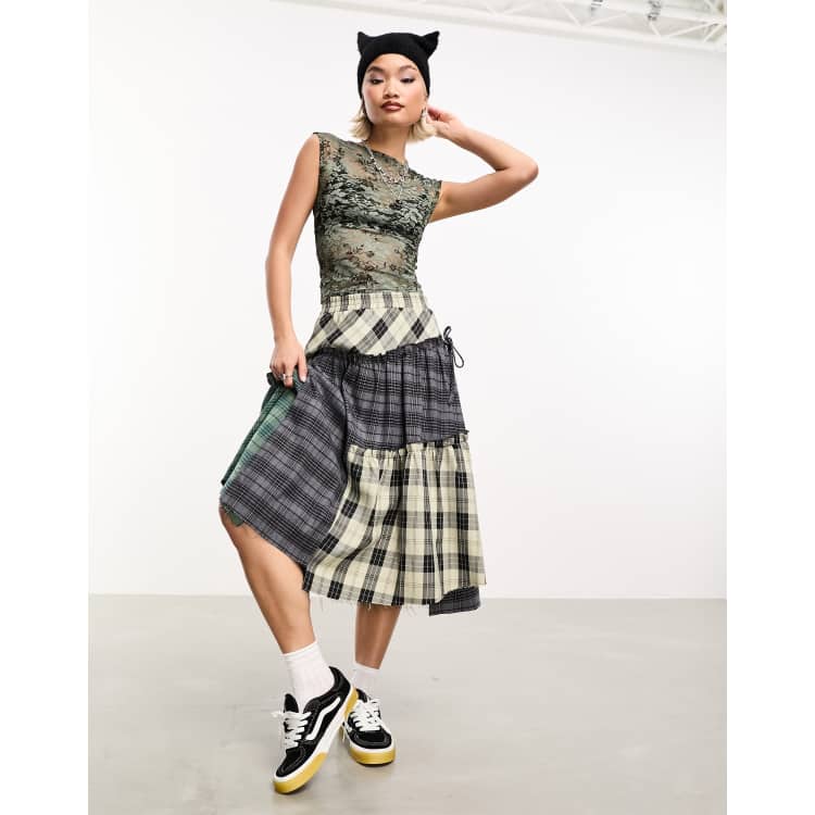 COLLUSION deconstructed gathered panel mixed check midi skirt ASOS