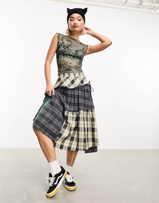 COLLUSION deconstructed gathered panel mixed check midi skirt | ASOS