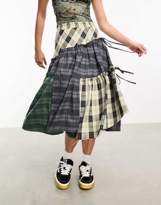 COLLUSION deconstructed gathered panel mixed check midi