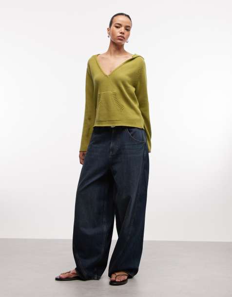 COLLUSION deep plunge long sleeve knit hoodie in apple green - view 1