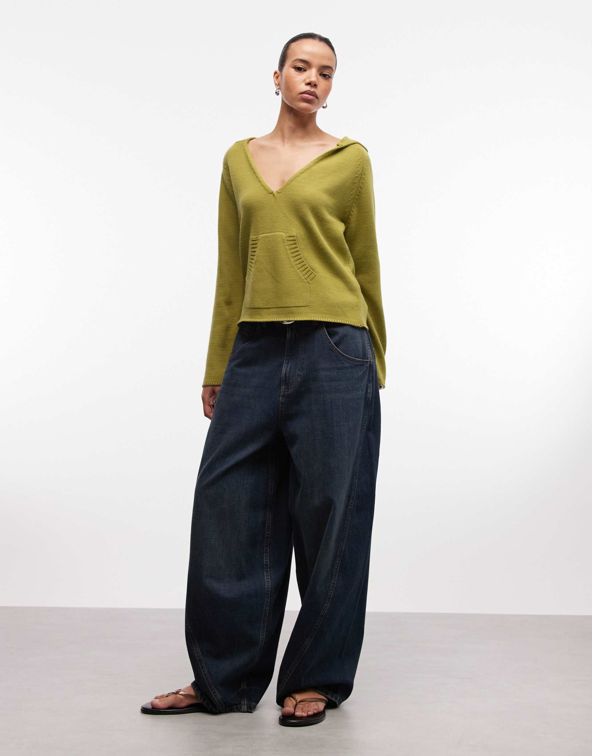 collusion deep plunge long sleeve knit hoodie in apple green