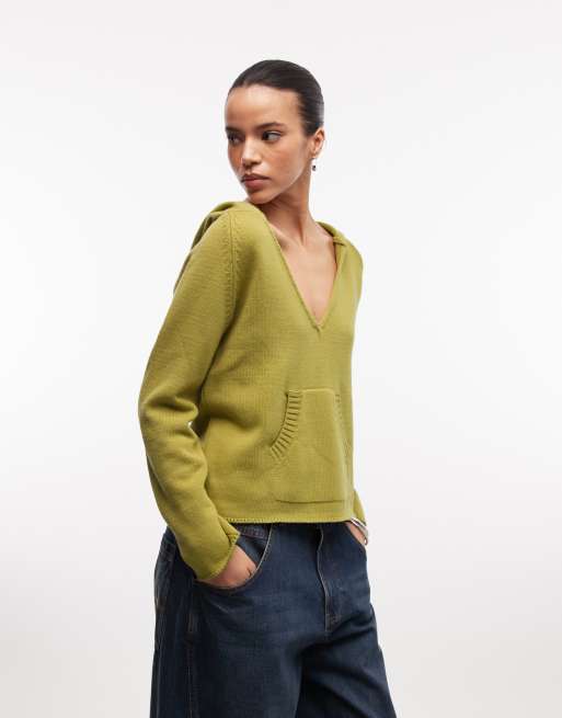 COLLUSION deep plunge long sleeve knitted hoodie in apple green, 2 of 4